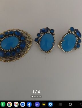 Vintage Blue Cabochon and Crystal Brooch & Earrings Set